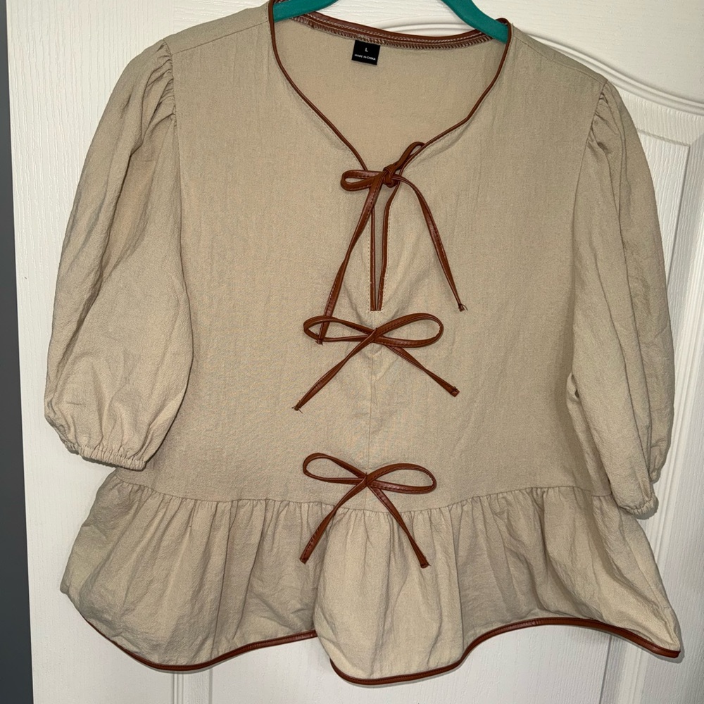 SHEIN Beige Peplum Blouse with Brown Tie Accents